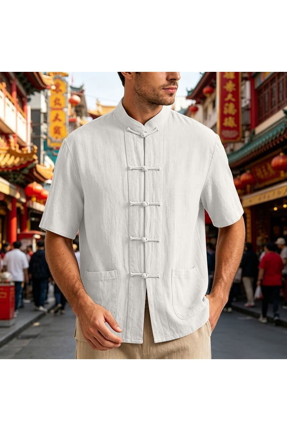 Men Chinese Tang Frog Button Linen Blend Button Up Shirt, Short Sleeve Mandarin Collar Top with Dual Pockets for Summer Vacation Beach White 5XL