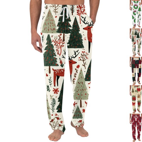 Christmas Pants for Men Print Jogger Pants Modern Relaxed Fit Pajamas Adjustable Drawstring Comfortable Casual Nightwear for Party Celebration