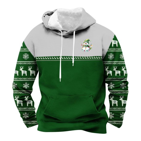 Men Christmas Hoodies Drawstring Funny Xmas Graphic Print Pullover Casual Loose Holiday Sweatshirts With Pocket (M, Green-C)