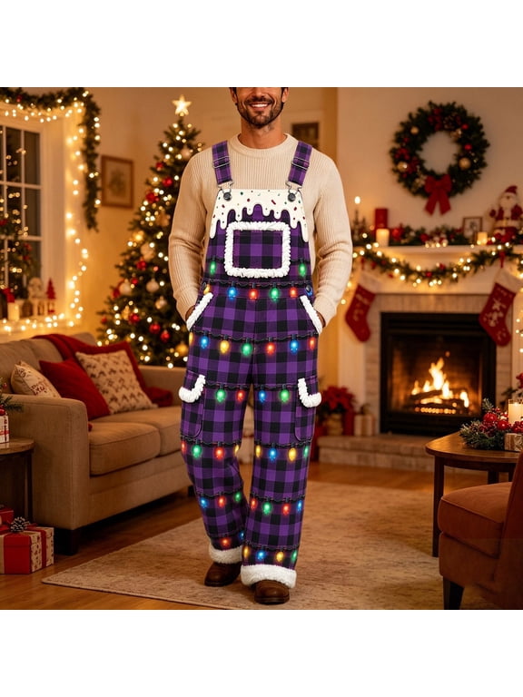 Men Christmas Plaid Bib Overalls Xmas Colorful Light Bulb Print Adjustable Strap Holiday Party Jumpsuit For Guys(Purple,S)