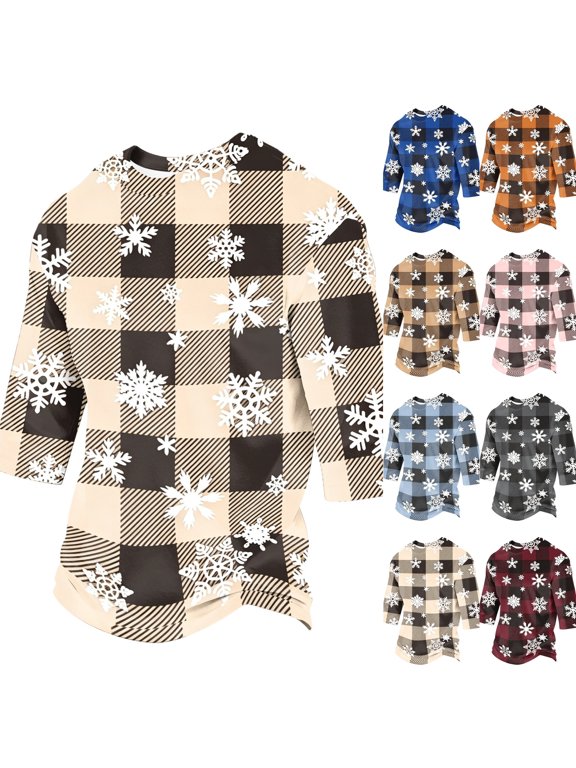 Men Christmas Plaid Pullover Snowflake Print Crewneck Long Sleeve Tees Classic Fit Lightweight Casual T-Shirts for Nordic Party Winter Khaki M