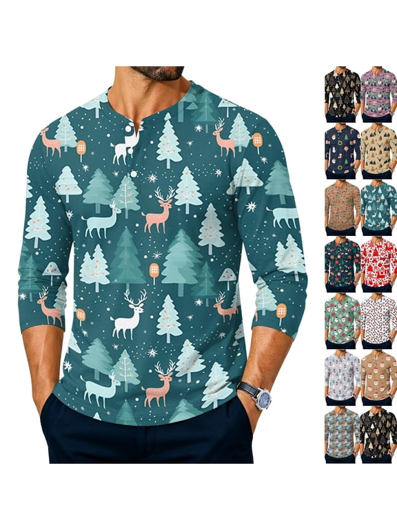 Men Christmas Retro Henley Neckline Pullover Snowflake Plaid Print Shirts Standard Fit Comfortable Long Sleeve Tees for Xmas Party Festive Royal Blue L