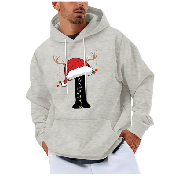 Men Christmas Sweater Letter Alphabet Graphic Vintage Xmas Hooded Sweatshirt Christmas Hoodie with Pocket