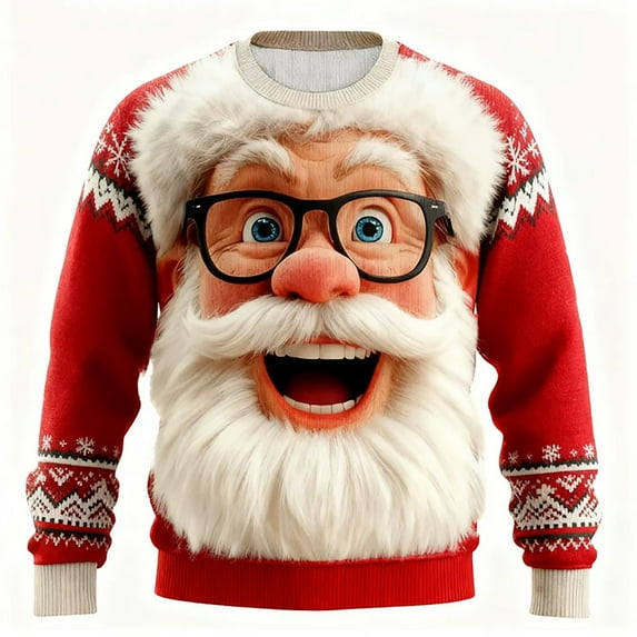 Men Christmas Sweaters 2025 Funny Christmas Sweatshirts Crewneck 3D Santa Printed Xmas Holiday Long Sleeve Pullover Shirts with Pocket Watermelon Red XXXXXL