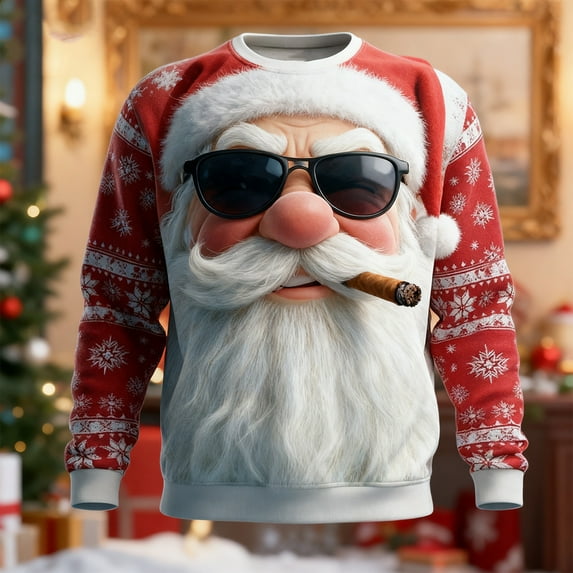 Men Christmas Sweaters 2025 Funny Christmas Sweatshirts Crewneck 3D Santa Printed Xmas Holiday Long Sleeve Pullover Shirts with Pocket Red XXXXXL