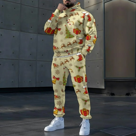Men Christmas Sweatsuits 2 Piece Set Funny Xmas Graphic Loose Fit Hoodie Sweatshirt And Joggers Sweatpants Sets Comfortable Fall Fashion Pullover Suit Sets Winter Clothes Outfits
