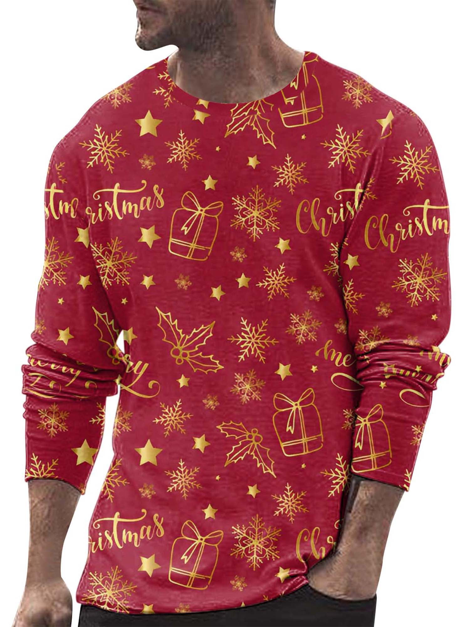 Men Christmas T-shirt Long Sleeve Plaid Deer Santa Claus Print T-shirt ...