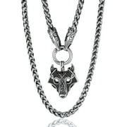 CHAINSPROMAX Men Chunky Viking Wolf Head Necklace, with 28inches Chain, Stainless Steel Norse Viking Jewelry