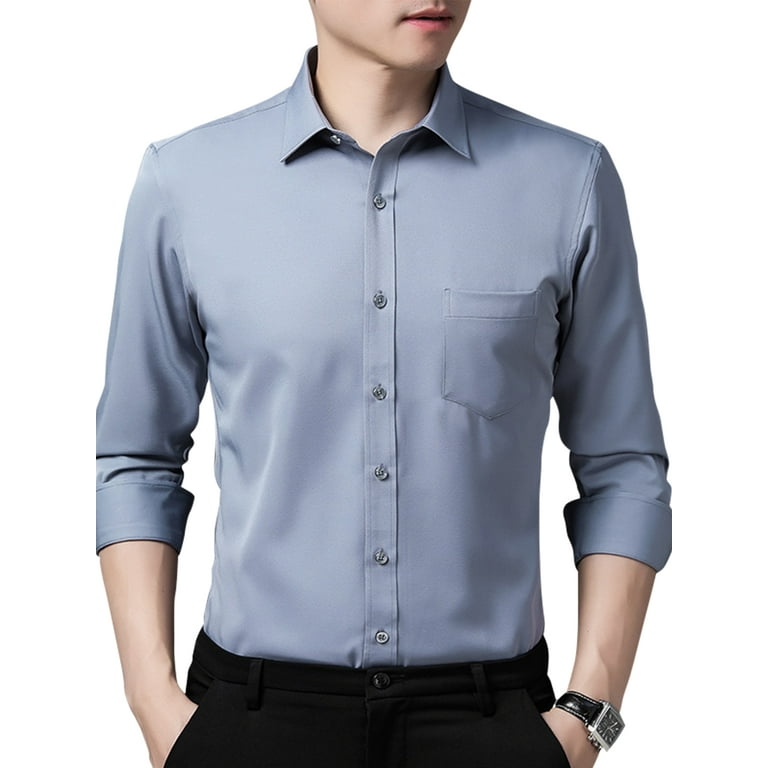 Men Classic Fit Stretch Non Iron Dress Shirt Breathable Point Collar Shirt Roll Up Long Sleeve Cuffed Button Down Shirt
