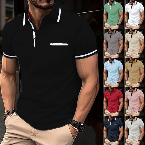 Men Classic Polo T Shirts Short Sleeve Contrast Collar Cuff Design Slim Casual Golf Shirts With Chest Pocket XL