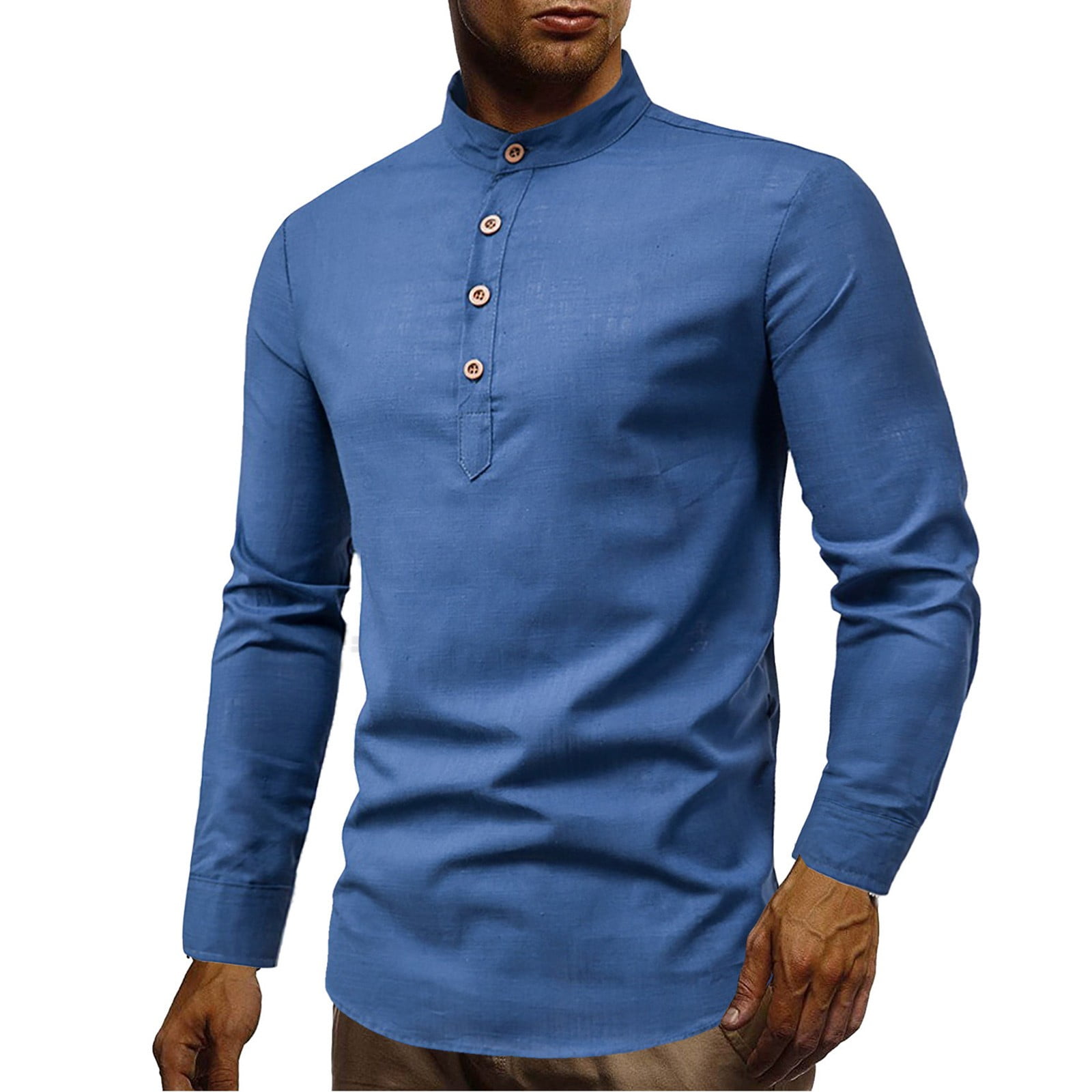 Men Classic Retro Shirts Mens Casual Cotton And Linen Solid Color Stand ...