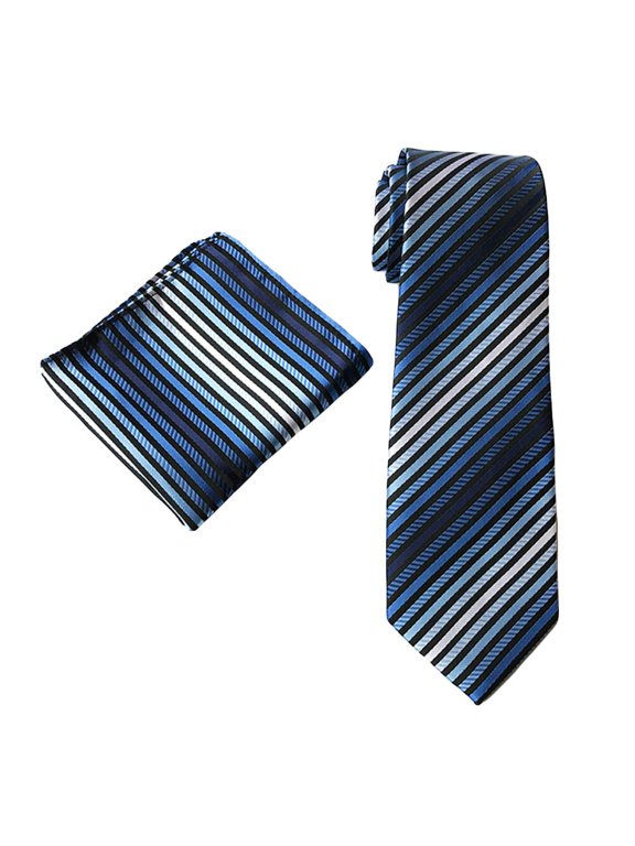 Men Classic Striped 8CM Wide Neckties Pocket Square Wedding Party Ties Hanky Set