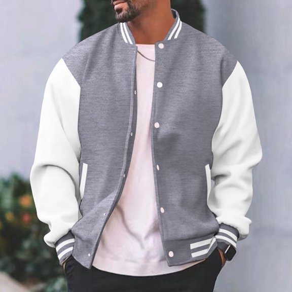 Men Classic Thin Fleece Baseball Jacket Fashion University Varsity Splicing Coat