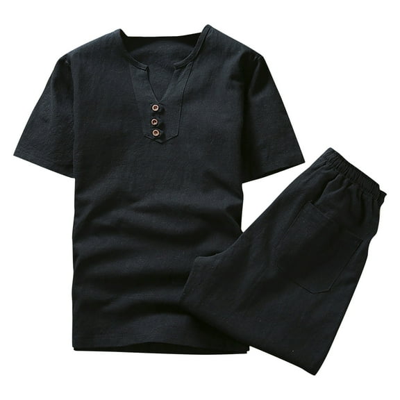Men LYXSSBYX Mens 2 Piece Outfit Set Mens Cotton Linen Set Solid Color Short-Sleeved T-Shirt Large Size Casual Set