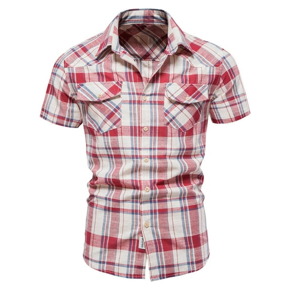 Men Clearance LYXSSBYX Mens Dress Shirts Short Sleeve Plaid Shirt Pocket Single-breasted Turndown Short Sleeve Blouse