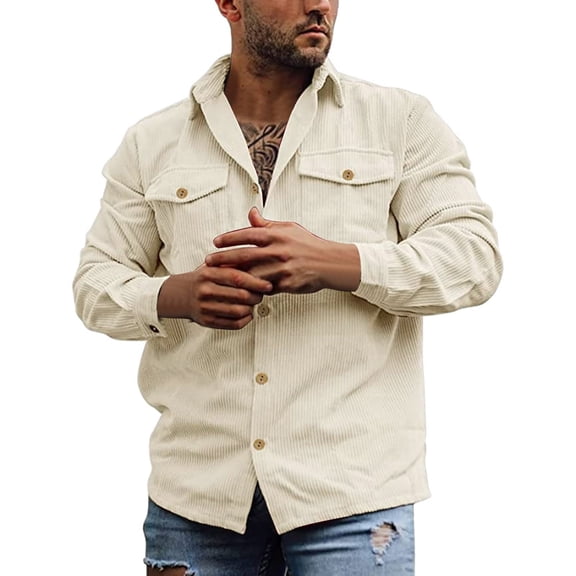Men Clearance LYXSSBYX Mens Shirts Long Sleeve Clearance Men's Corduroy Button Jacket Long Sleeve Striped Casual Vintage Double Pocket Work Top Shirt