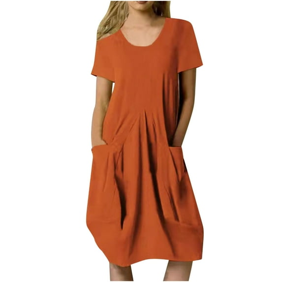 Men LYXSSBYX Plus Size Dresses Fashion Casual Round Neck Button Short Sleeve Cotton Linen Knee-High Dress Pocket Solid Dresses