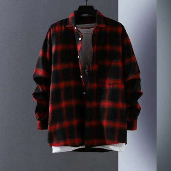 Men Clothing Casual Plaid Long Sleeve Shirt Retro Youth Casual All-match Top