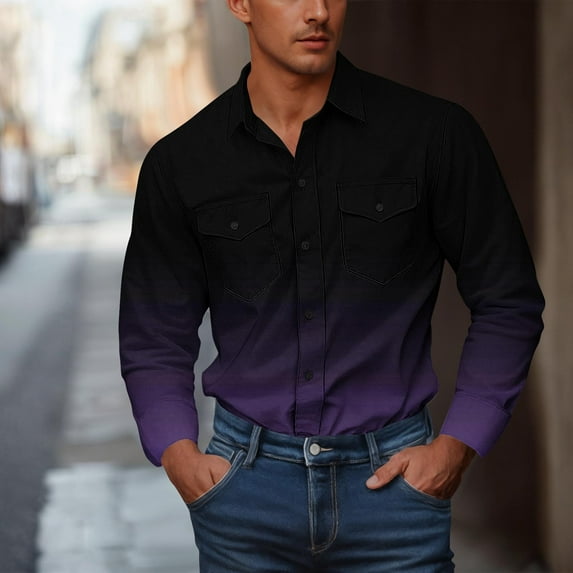 Men Clothing, Dress Shirts for Men Long Sleeve Fall Fashion Gradient Color Button T Shirt Casual Turndown Collar Tops with Pocket