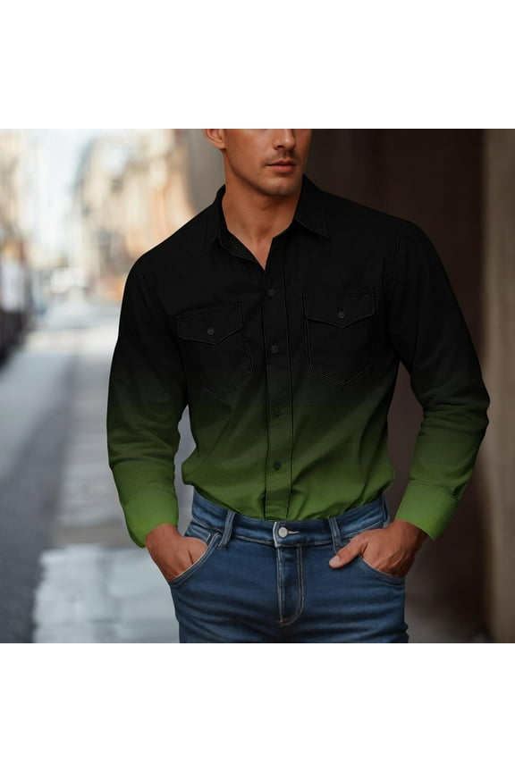 Men Clothing, Dress Shirts for Men Long Sleeve Fall Fashion Gradient Color Button T Shirt Casual Turndown Collar Tops with Pocket