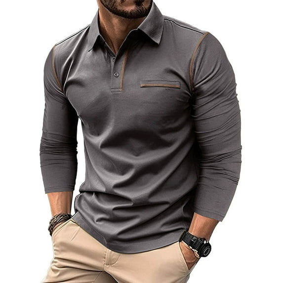 Men Clothing, Golf Shirts for Men Long Sleeve Fall Solid Color Turndown Collar Pullover Fashion Casual Button Down Regular T Shir