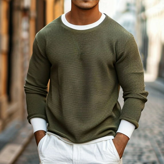 Men Clothing, Men's Crewneck Sweater Top Waffle Textured Pullover Sweaters Soft Midweight Color Patchwork Spring Knitted Shirts