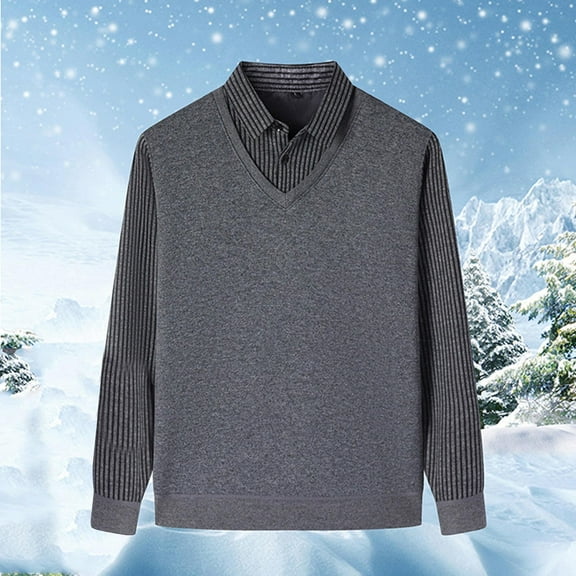 Men Clothing, Men's Fake-Two Pieces Pullover Sweaters Fleece Lined Long Sleeve Cozy 2025 Fall Winter Knitted Lapel Jumper Tops