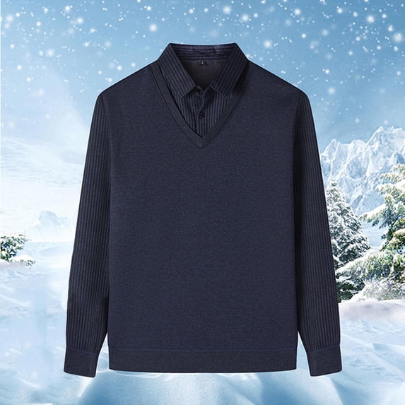 Men Clothing, Men's Fake-Two Pieces Pullover Sweaters Fleece Lined Long Sleeve Cozy 2025 Fall Winter Knitted Lapel Jumper Tops