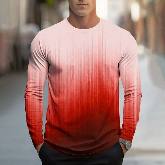 Men Clothing, Men's Gradient Color Shirts Casual Long Sleeve Crewneck Loose Pullover Graphic T-Shirt Summer Fashion Athletic Tops