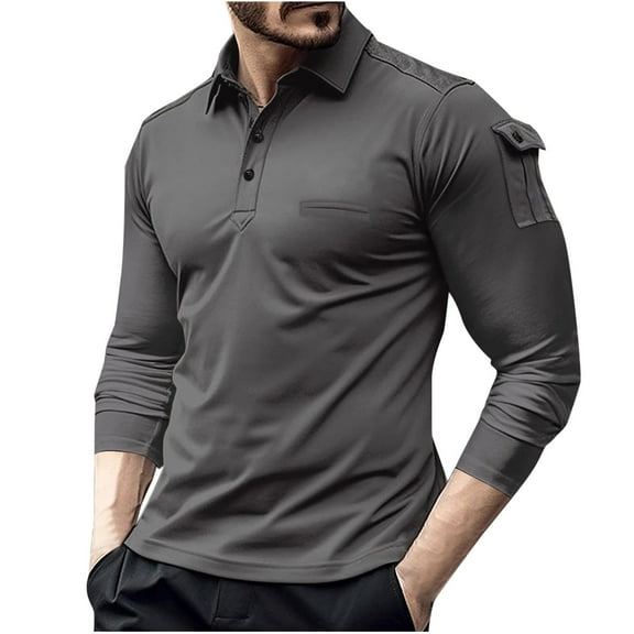 Men Clothing, Men's Long Sleeve Polo Shirt Tactical Military Style Tees Moisture Wicking Comfy Tops with Shoulder Pockets