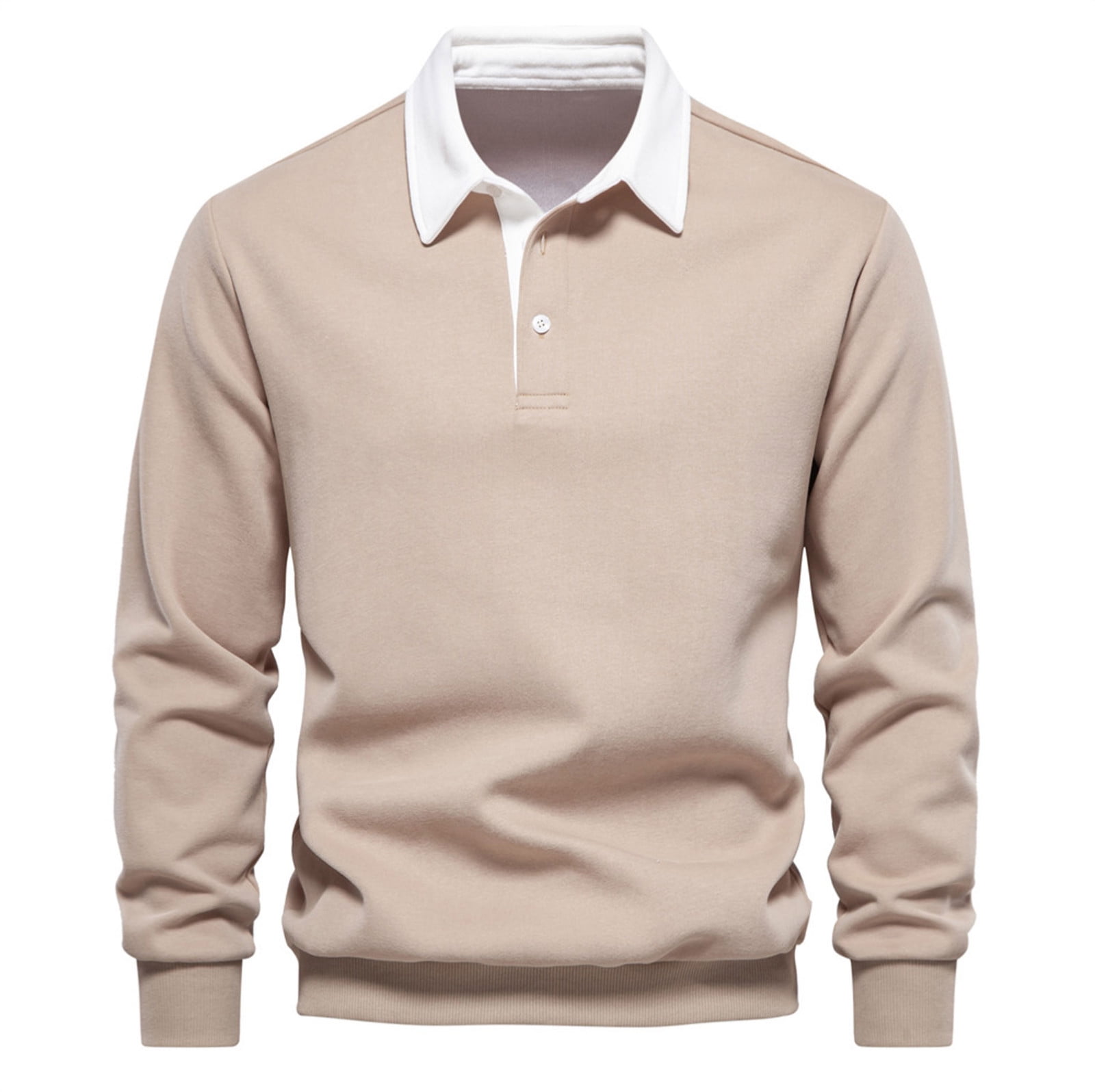 Men Clothing, Men's Long Sleeve Polo Shirts Slim-fit Cotton Rugby Shirt Basic Color Spliced Designed Sweatshirt