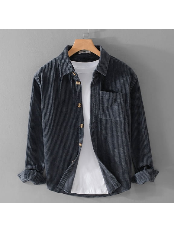 Men Clothing, Men's Ribbed Corduroy Solid Casual Long Sleeves Pocket Button Up Shirt Plain Top for Autumn