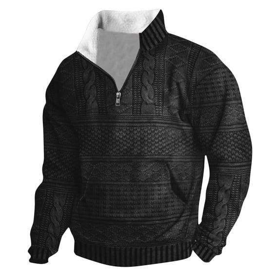 Men Clothing, Men's Vintage Knit Print Zip-Up Sweatshirt,Quarter Zip Retro Stand Collar Sweatshirt Solid Long Sleeve Warm Top