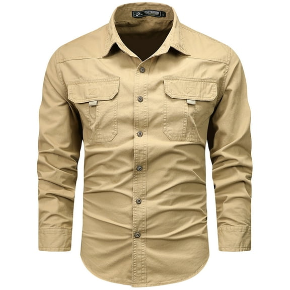 Men Clothing, Mens Work Shirts Long Sleeve Hiking Shirt Breathable Casual Button Down Classic Woven Outdoor Cargo Shirt