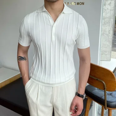 Men Clothing Spring and Summer Lapel Sweater Men's Short-sleeved Slim Trend Striped Solid Color Lapel Pullover Sweater