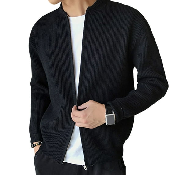 Men Coat Zipper Closure Stand Collar Long Sleeves Ribbed Soft Keep Warm Solid Color Autumn Winter Cardigan Sweater Jacket for Daily