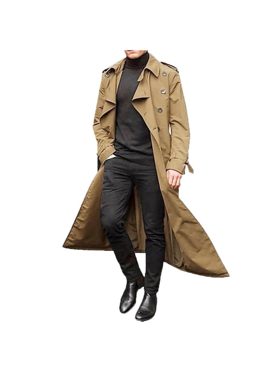 Men Coats Long Trench Coat Double Coats Belt Loose Jacket Classic Stylish Business Overcoat