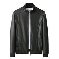 JIKNTTR Men Coats Plus Size Fall Stand Up Collar Trendy Solid Color Casual Zipper Leather Jacket Comfy Outerwear