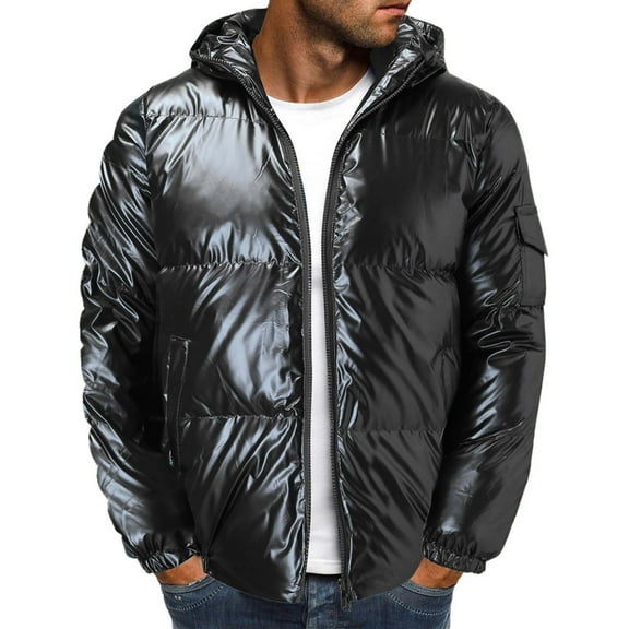 Men Coats Solid Color Shiny Cotton Coat Trendy Reflective Hooded Padded Coat Autumn Winter Clothes