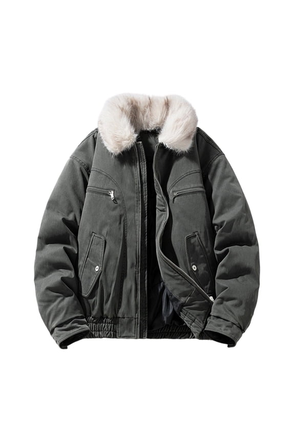 Men Coats Winter Sevevn Men's Solid Color Long Sleeved Faux Fur Collar Zipper Utility Jacket