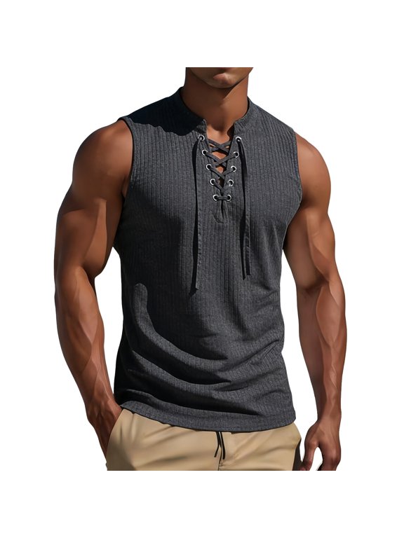 Men Collar Tank Tops - Ribbed V Neck Drawstring Stretch Trendy Undershirts Workout Muscle Gym Fitness Tee