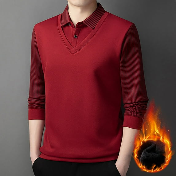Men Collar Two Piece Thick Striped Long Sleeved T Shirt Casual Loose Business Fashionable Polyester Top