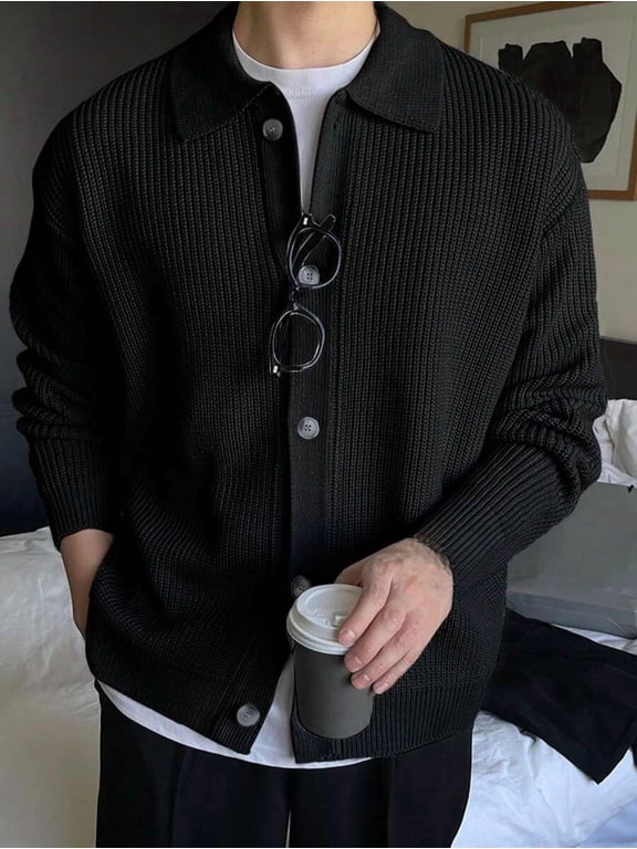 Men Collared Button Down Cardigan Long Sleeve Drop Shoulder Loose Fit Ribbed Knit Sweater