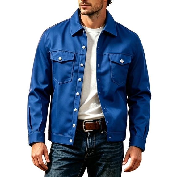 Men Collared Button Down Trucker Jacket Long Sleeve Casual Fall Winter Outerwear with Flap Chest Pockets Blue L