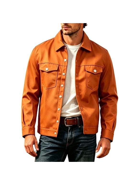 Men Collared Button Down Trucker Jacket Long Sleeve Casual Fall Winter Outerwear with Flap Chest Pockets Orange M