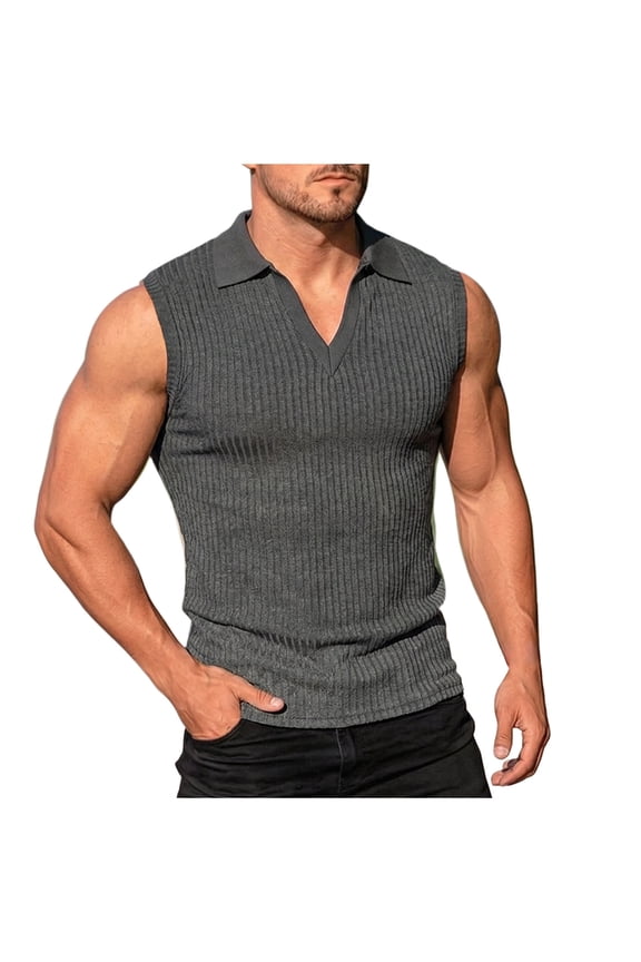 Men Collared Ribbed Tank Top V Neck Pullover Undershirts Fashion Summer Outdoor Tank Top