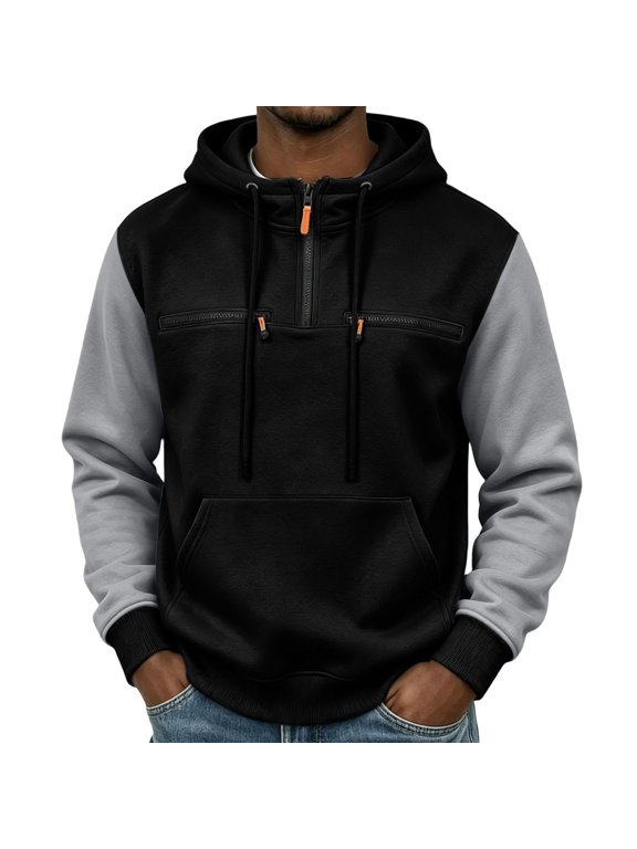 Men Color Block Hooded Combat Shirt Quarter Zip Sweatshirts Long Sleeve Tactical Drawstring Pullover Hoodies