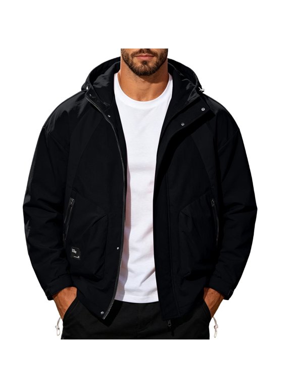 Men Color Block Hooded Windbreaker Jacket Contrast Panel Zip Pockets Lightweight Casual Outdoor Outerwear