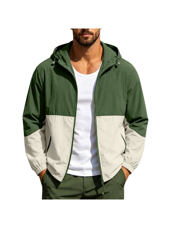 Men Color Block Sun Protection Shirt Zip Up Windproof Hoodies Long Sleeve Lightweight Hiking Cycling Jacket
