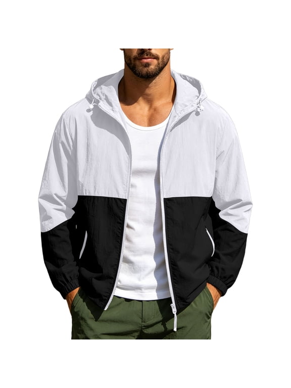 Men Color Block Sun Protection Shirt Zip Up Windproof Hoodies Long Sleeve Lightweight Hiking Cycling Jacket